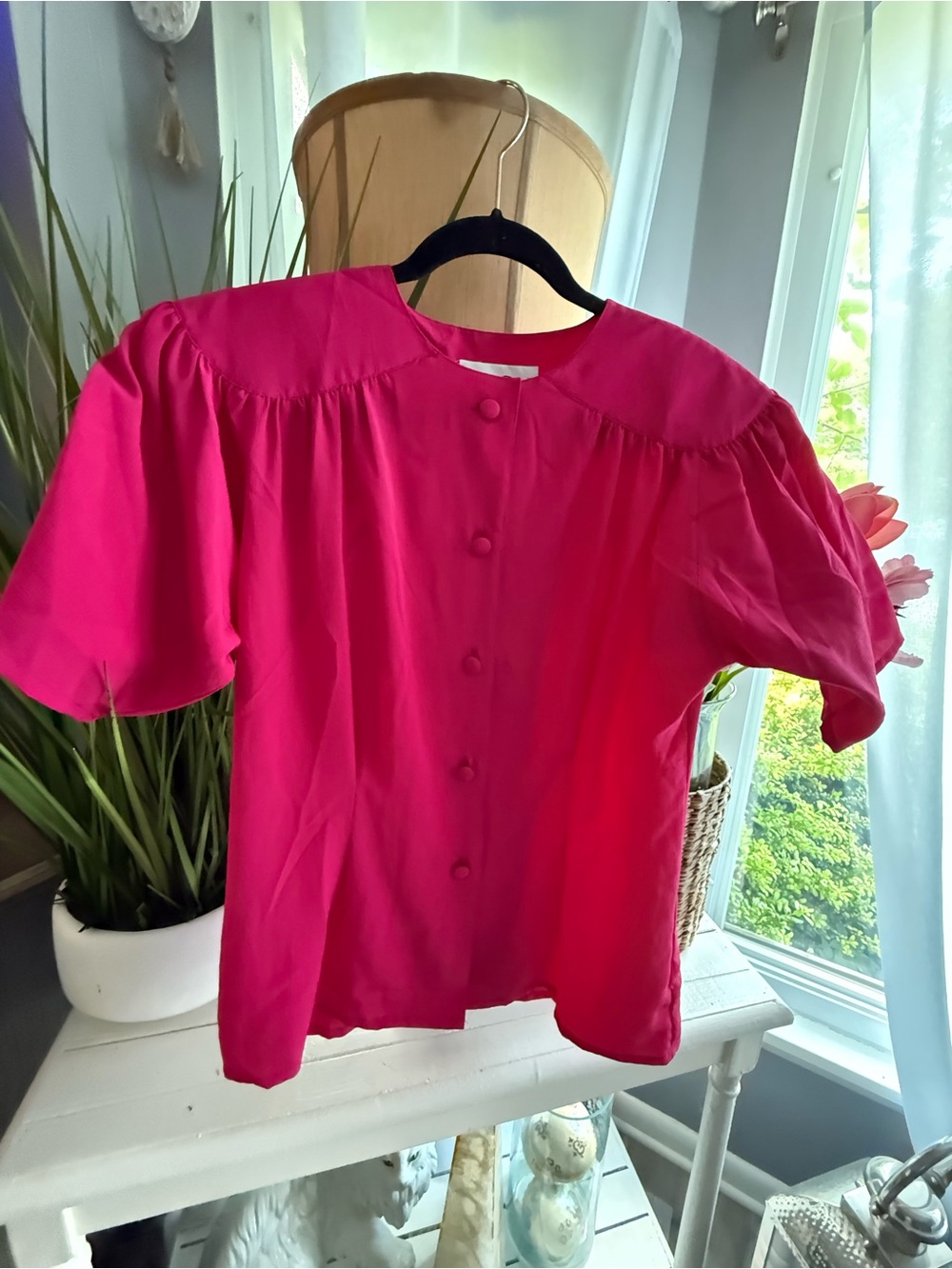 Oscar dela Renta Expressions Pink Short Sleeve Button Up Shirt Size 10 Gathering